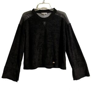 C&C California Large Terry Cloth Flare Sleeve Top Black Mesh Back Long S…